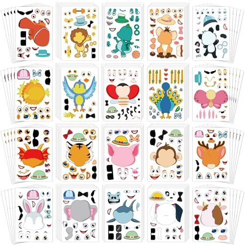Sinceroduct 100PCS Make Your Own Stickers for Kids – 20 Animal Faces, Reusable & Waterproof Craft Stickers