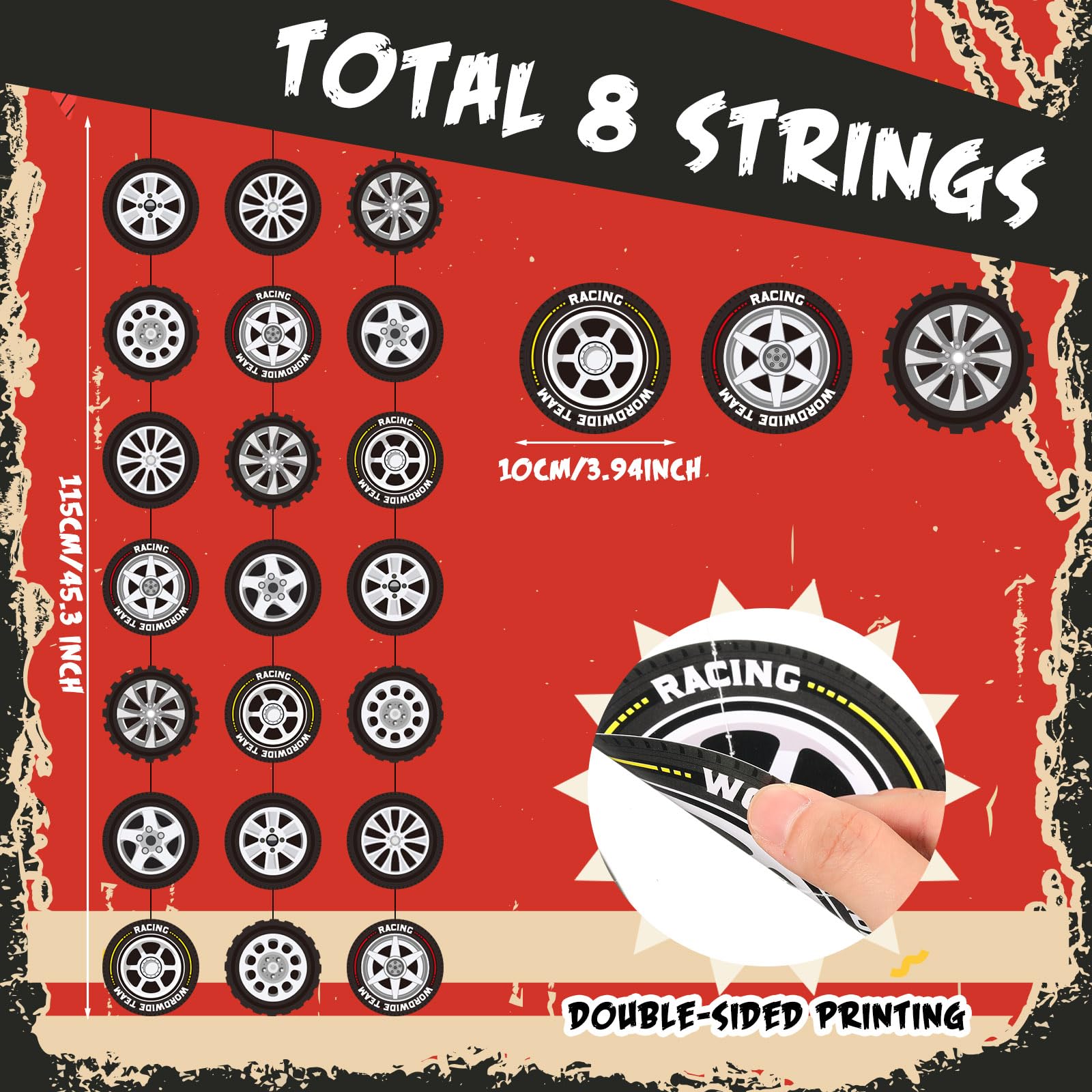Sinload 8-Piece Race Car Tire Garland Set – Wheel Paper Cutouts for Racing Party Decor
