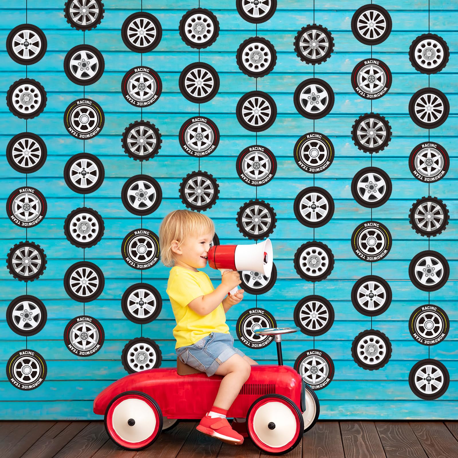 Sinload 8-Piece Race Car Tire Garland Set – Wheel Paper Cutouts for Racing Party Decor
