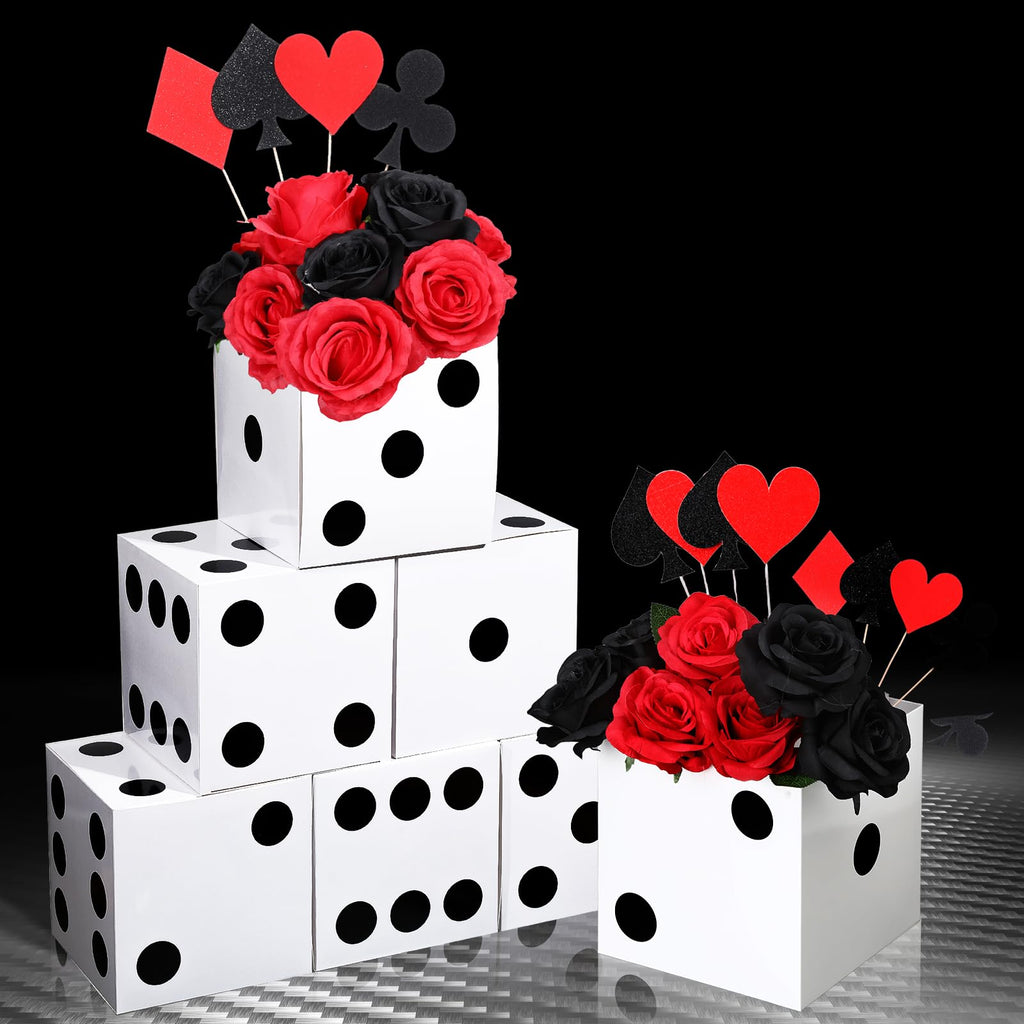 Sinmoe 6-Pack White Dice Favor Boxes – 7x7x7 Inch Cardboard Casino Centerpieces for Party Decorations