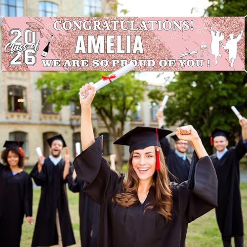 Sinmoe Personalized Graduation Banner - 71x16 Inch Pink Banner with 78 Alphabet Stickers for Custom Names, Class of 2026 Decor for High School College Doctorate