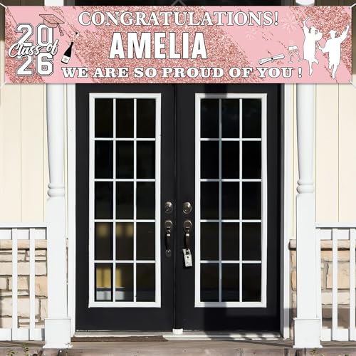 Sinmoe Personalized Graduation Banner - 71x16 Inch Pink Banner with 78 Alphabet Stickers for Custom Names, Class of 2026 Decor for High School College Doctorate