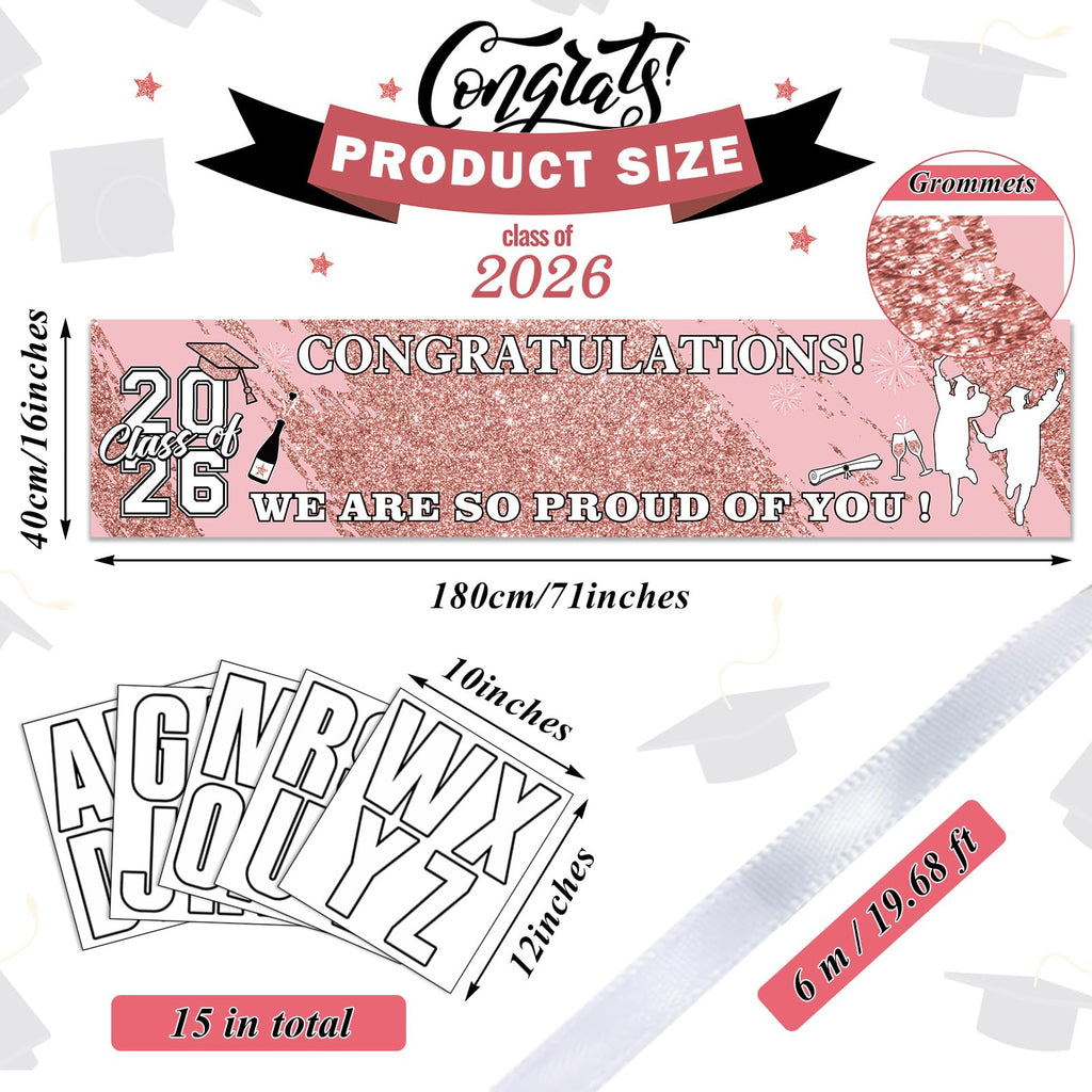 Sinmoe Personalized Graduation Banner - 71x16 Inch Pink Banner with 78 Alphabet Stickers for Custom Names, Class of 2026 Decor for High School College Doctorate