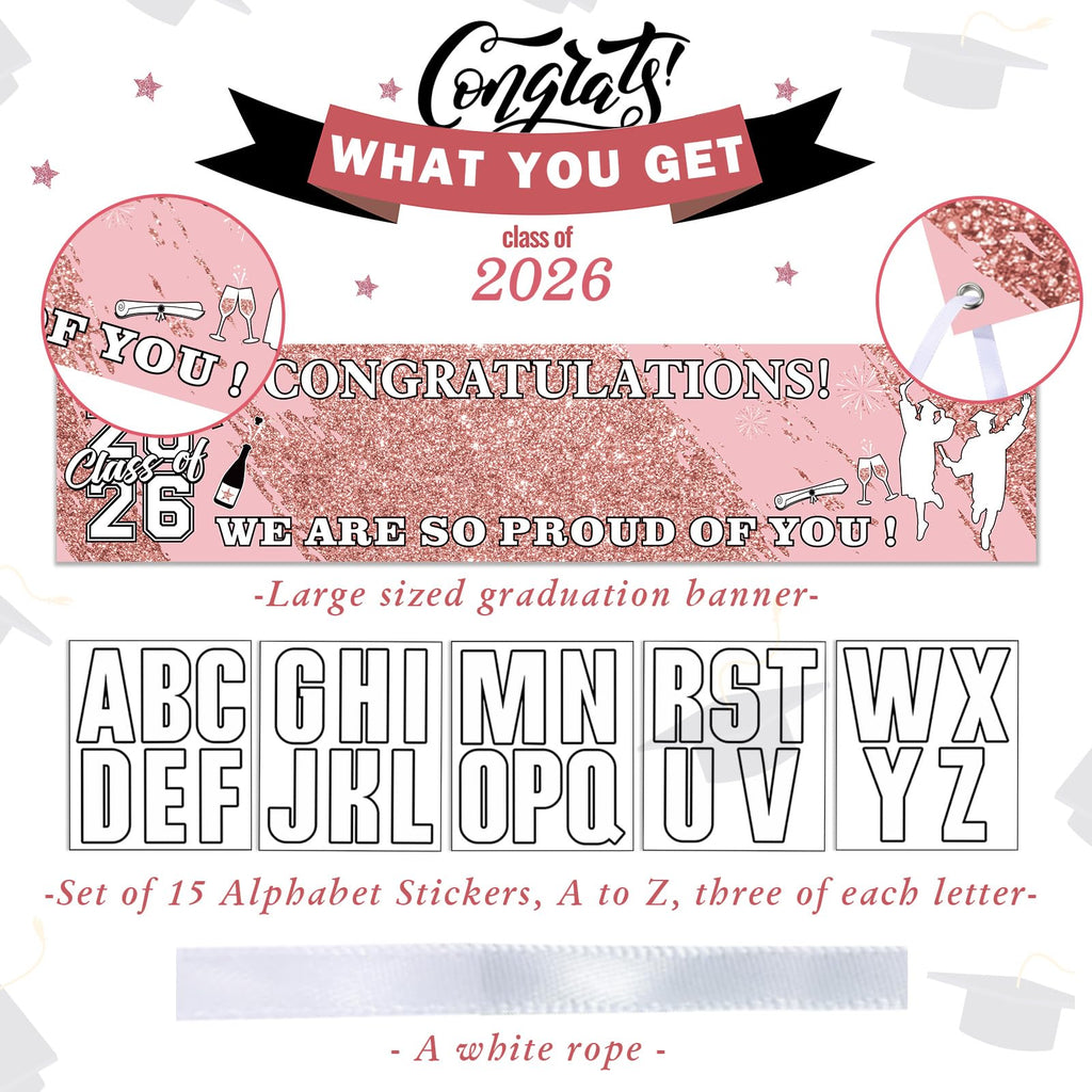 Sinmoe Personalized Graduation Banner - 71x16 Inch Pink Banner with 78 Alphabet Stickers for Custom Names, Class of 2026 Decor for High School College Doctorate