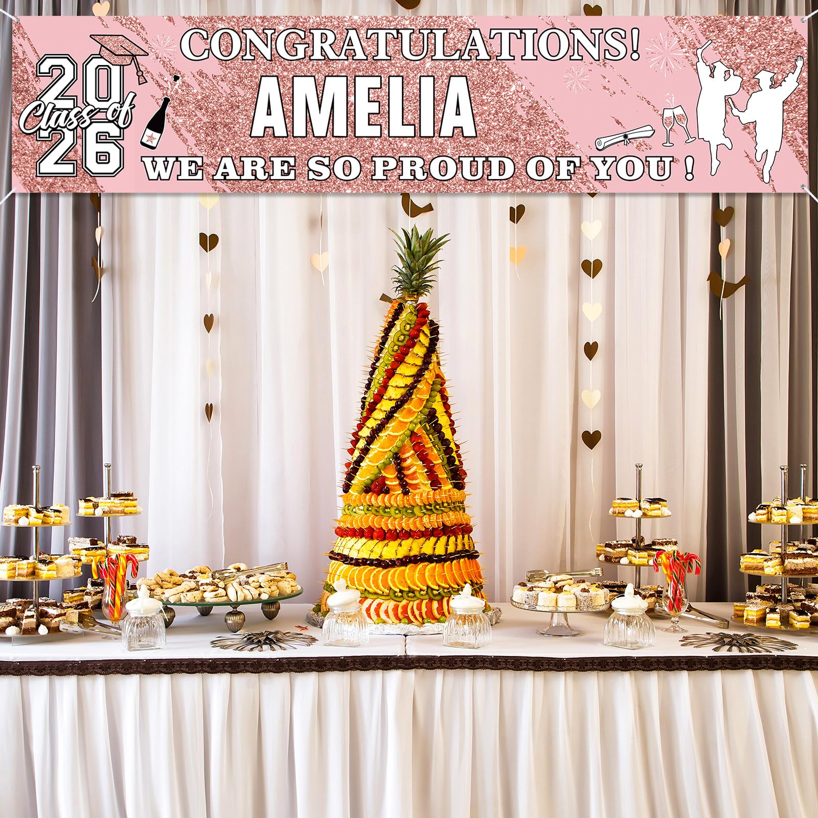 Sinmoe Personalized Graduation Banner - 71x16 Inch Pink Banner with 78 Alphabet Stickers for Custom Names, Class of 2026 Decor for High School College Doctorate