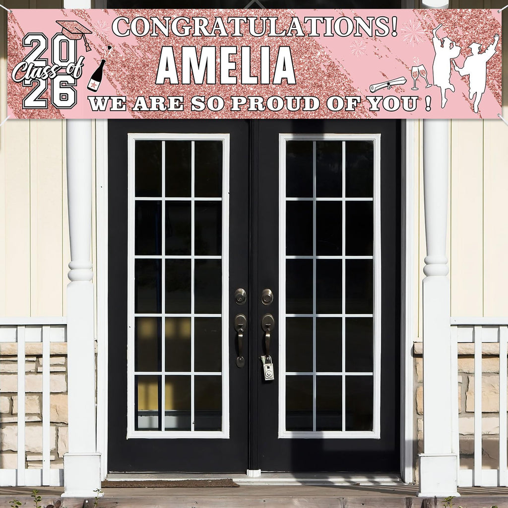 Sinmoe Personalized Graduation Banner - 71x16 Inch Pink Banner with 78 Alphabet Stickers for Custom Names, Class of 2026 Decor for High School College Doctorate