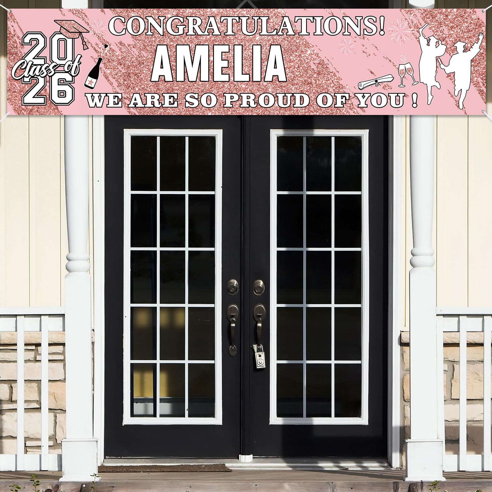 Sinmoe Personalized Graduation Banner - 71x16 Inch Pink Banner with 78 Alphabet Stickers for Custom Names, Class of 2026 Decor for High School College Doctorate