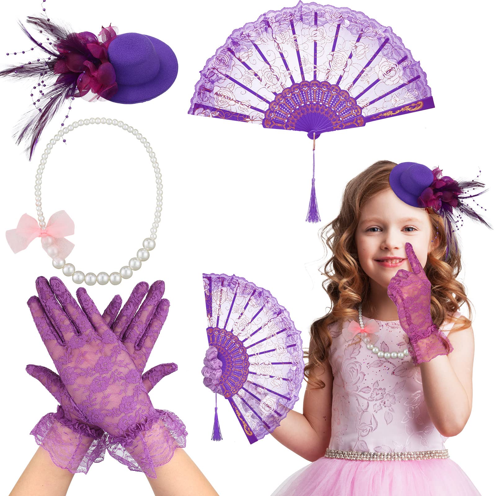 Sintege 4-Piece Girls Tea Party Set – Fascinator Hat, Pearl Necklace, Lace Fan & Gloves