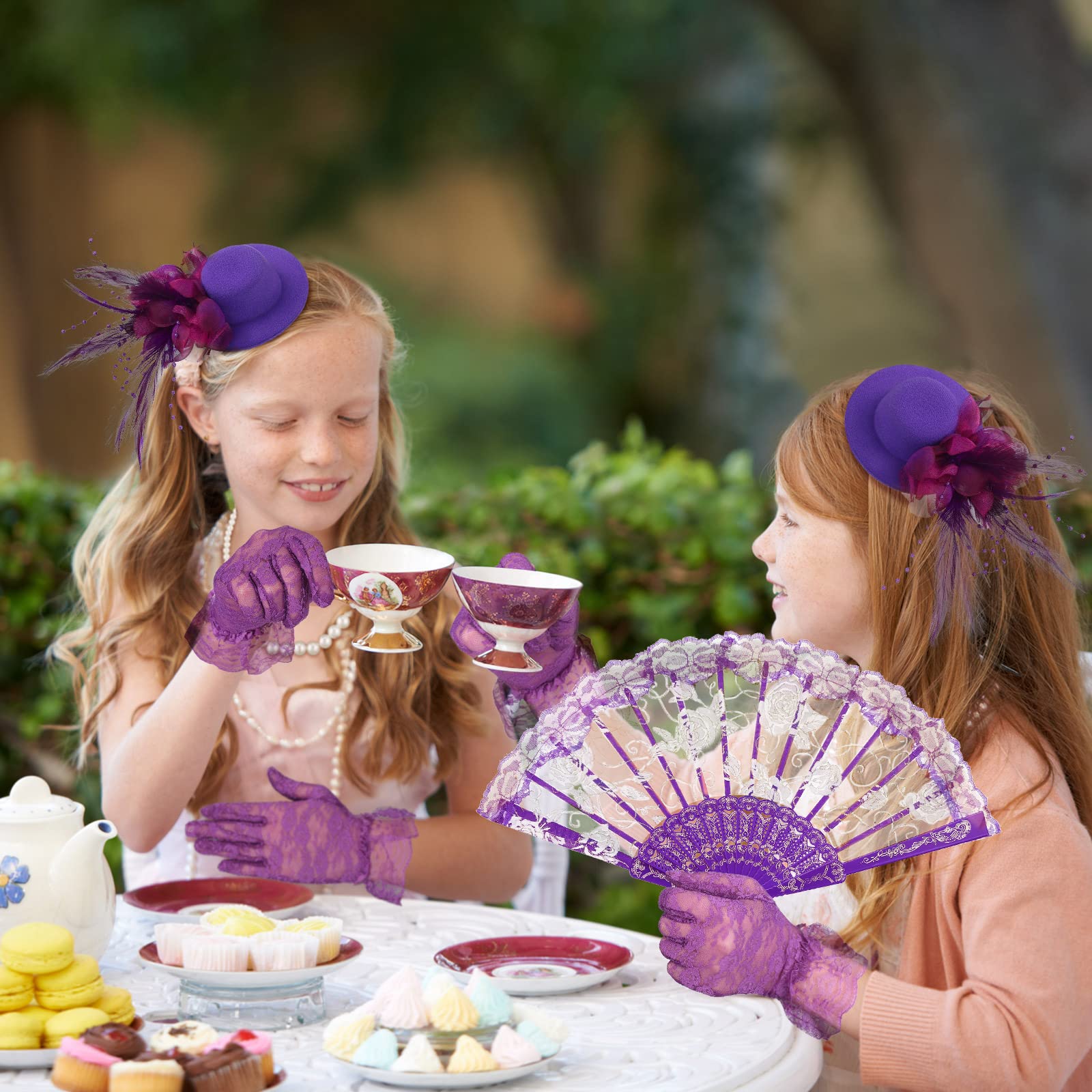 Sintege 4-Piece Girls Tea Party Set – Fascinator Hat, Pearl Necklace, Lace Fan & Gloves