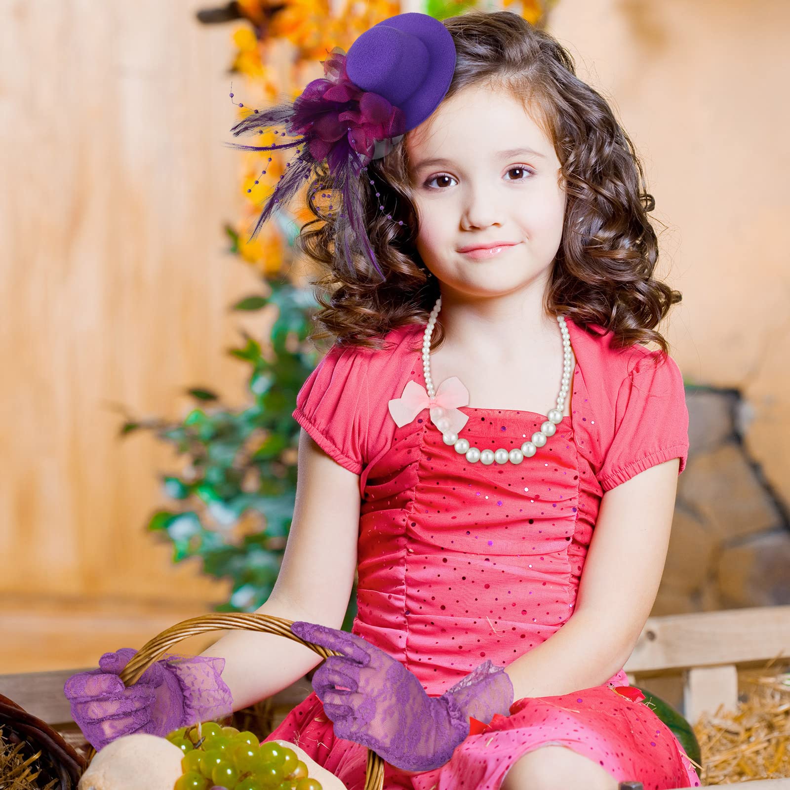 Sintege 4-Piece Girls Tea Party Set – Fascinator Hat, Pearl Necklace, Lace Fan & Gloves