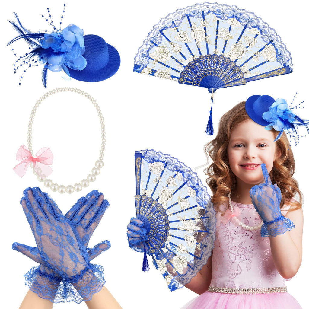 Sintege 4-Piece Girls Tea Party Set: Fascinator Hat, Pearl Necklace, Lace Fan & Gloves for Kids