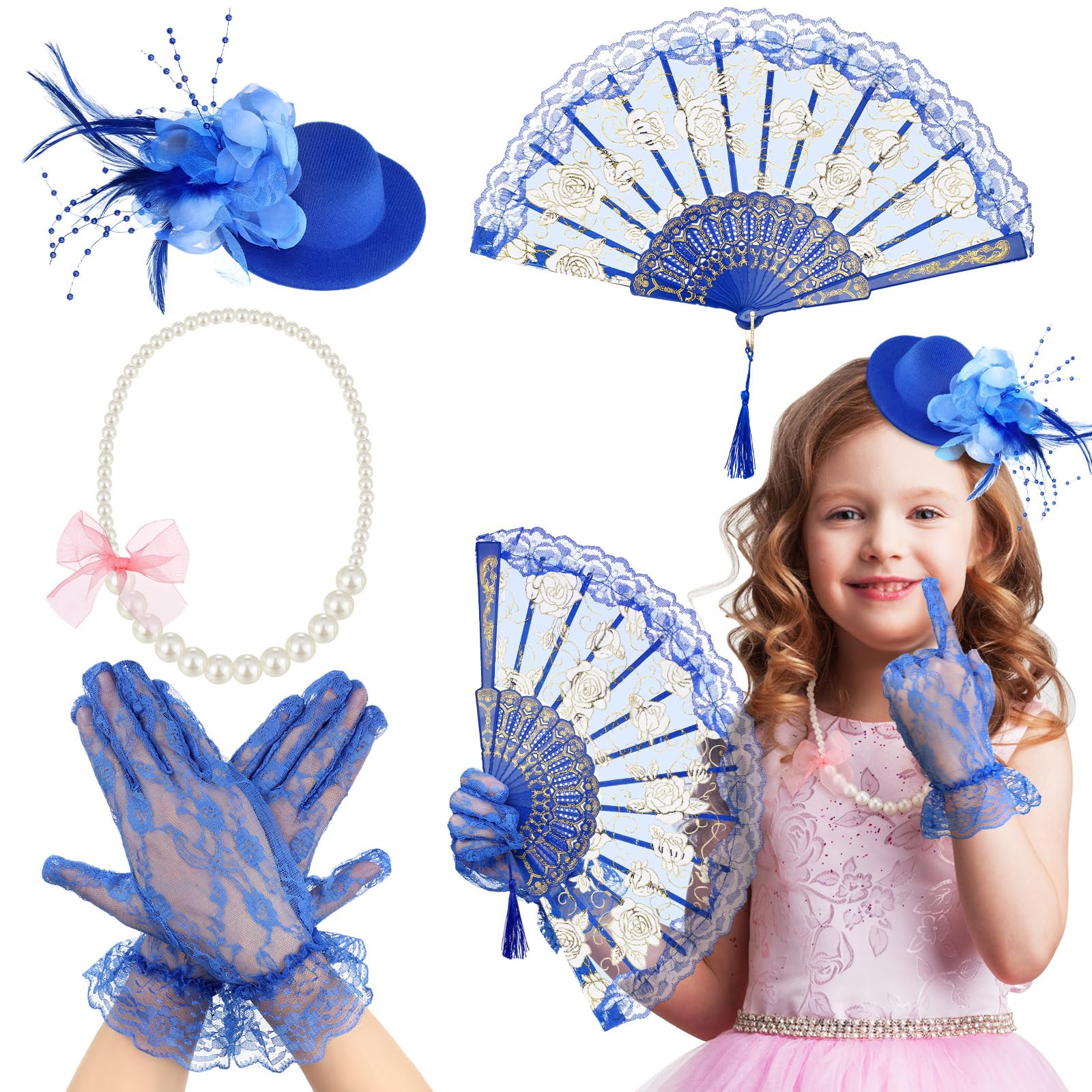 Sintege 4-Piece Girls Tea Party Set: Fascinator Hat, Pearl Necklace, Lace Fan & Gloves for Kids