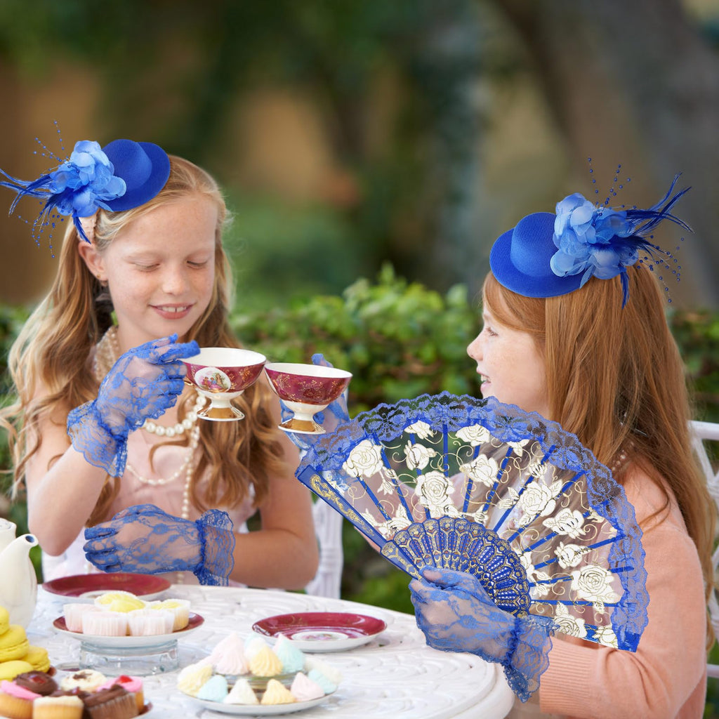 Sintege 4-Piece Girls Tea Party Set: Fascinator Hat, Pearl Necklace, Lace Fan & Gloves for Kids