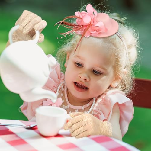 Sintege 4-Piece Girls Tea Party Set – Fascinator Hat, Pearl Necklace, Lace Gloves & Fan