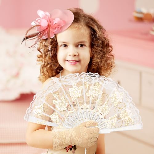 Sintege 4-Piece Girls Tea Party Set – Fascinator Hat, Pearl Necklace, Lace Gloves & Fan