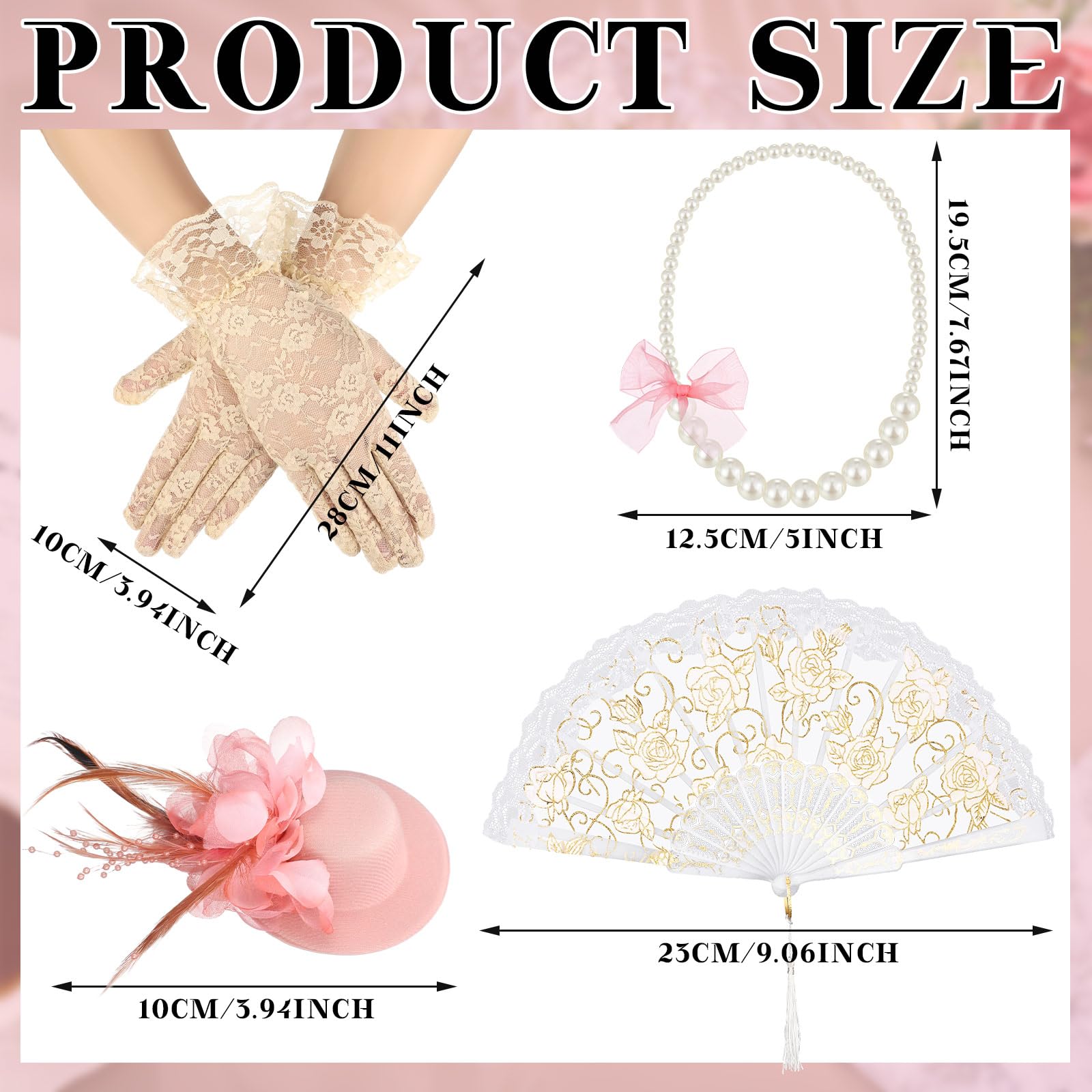 Sintege 4-Piece Girls Tea Party Set – Fascinator Hat, Pearl Necklace, Lace Gloves & Fan