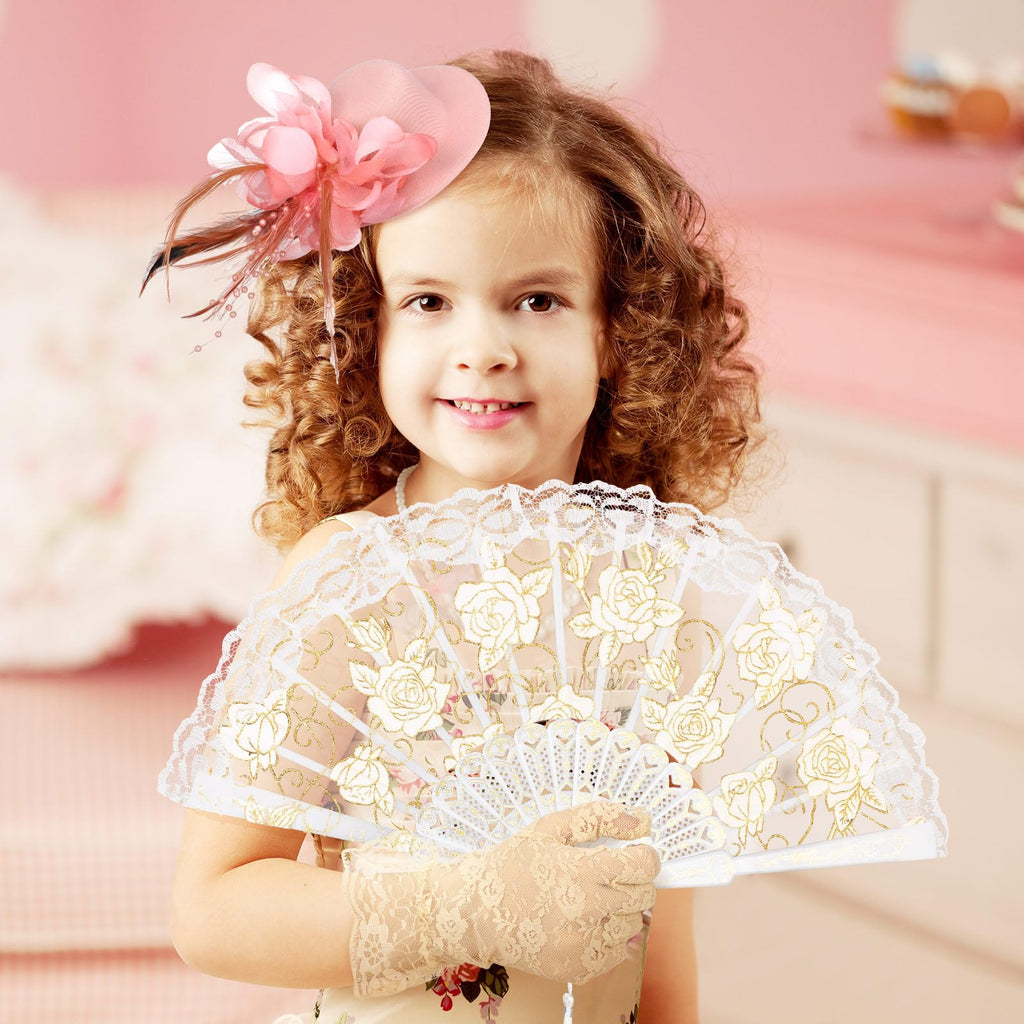Sintege 4-Piece Girls Tea Party Set – Fascinator Hat, Pearl Necklace, Lace Gloves & Fan