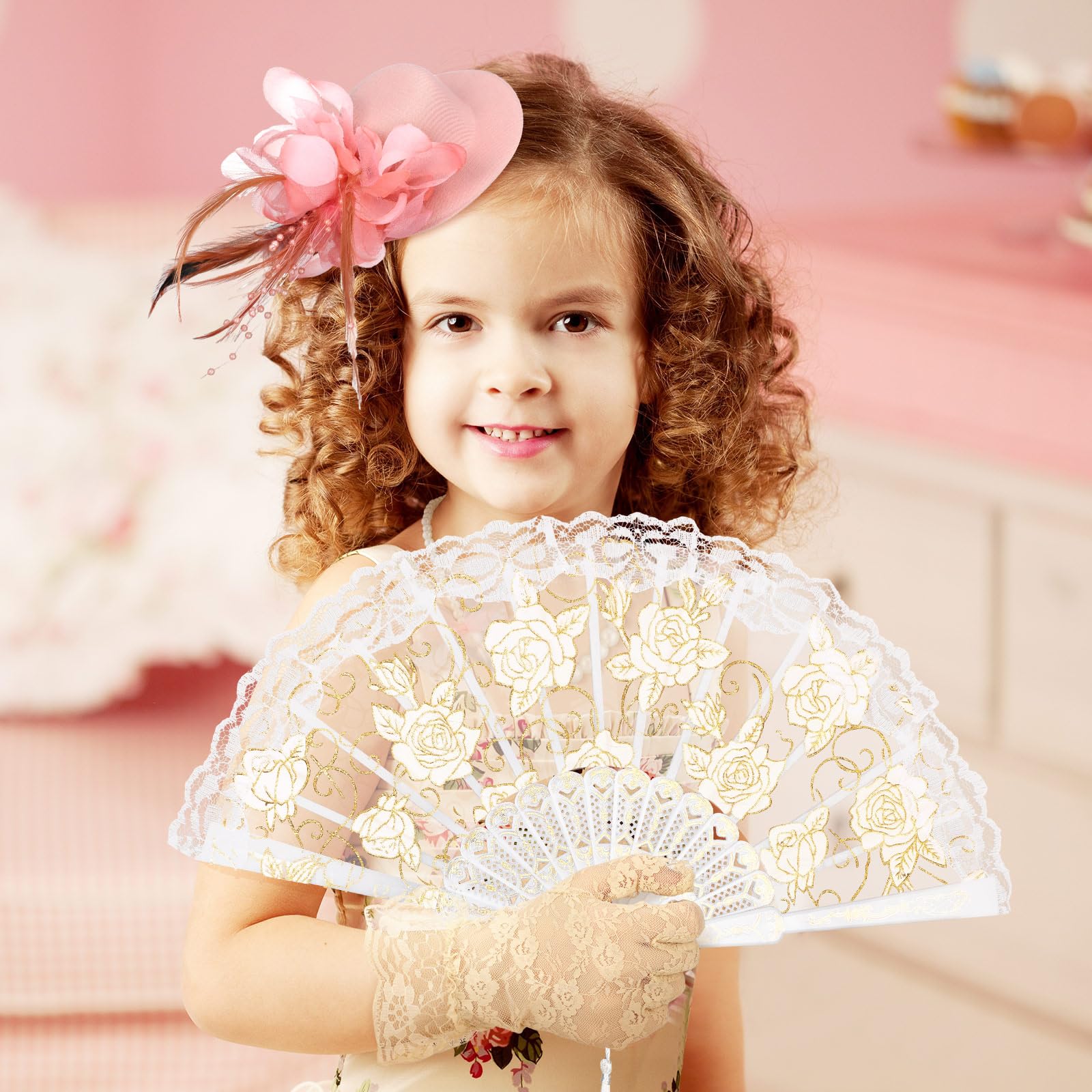 Sintege 4-Piece Girls Tea Party Set – Fascinator Hat, Pearl Necklace, Lace Gloves & Fan