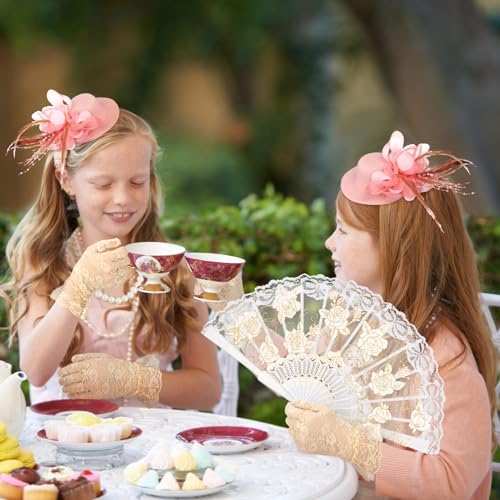 Sintege 4-Piece Girls Tea Party Set – Fascinator Hat, Pearl Necklace, Lace Gloves & Fan