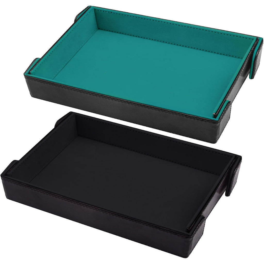SIQUK 2-Pack Magnetic Folding Dice Trays - Rectangular PU Leather Rolling Tray Set for D&D and RPG Games (Cyan and Black)