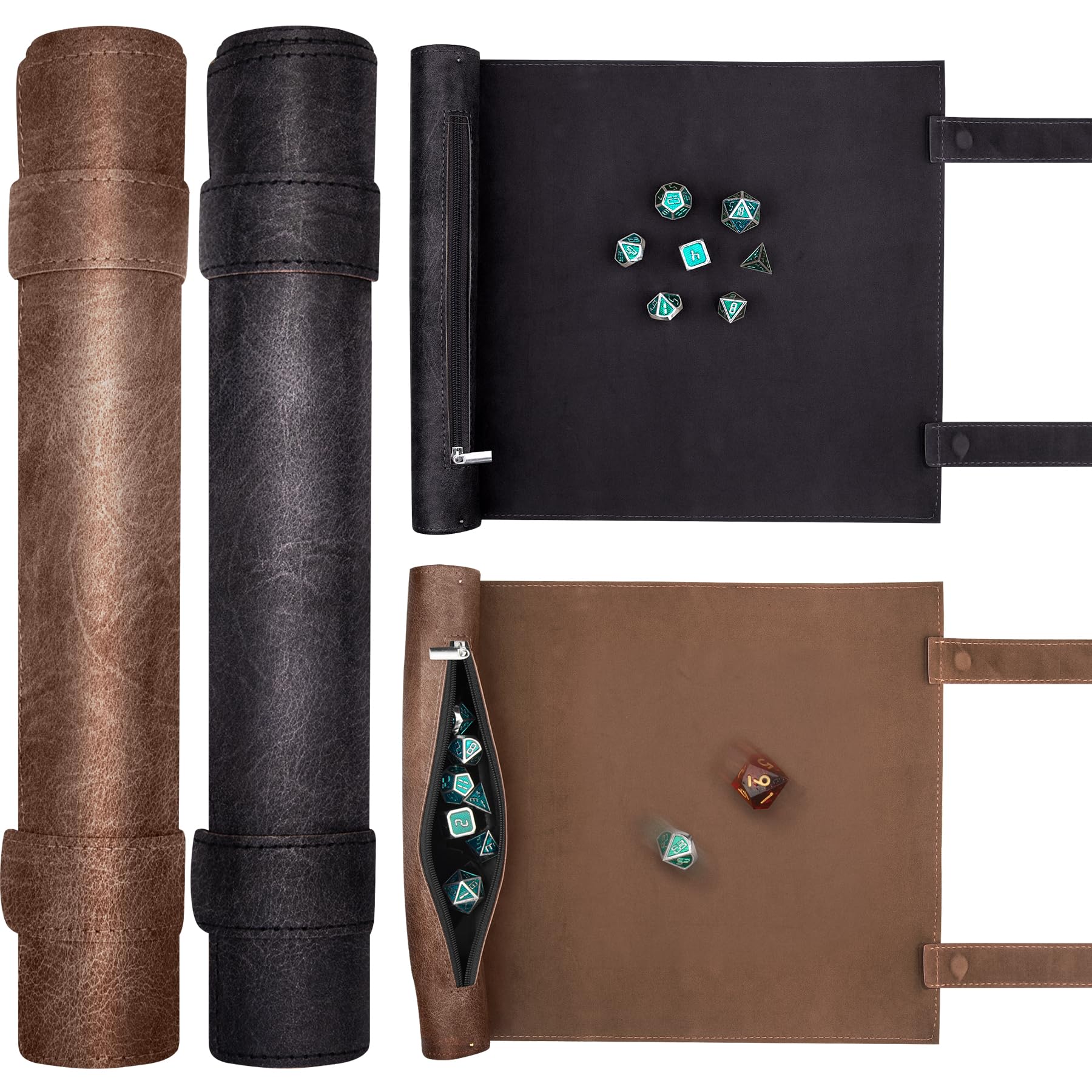 SIQUK 2-Piece Magnetic Dice Mat Tray - Camel & Black PU Leather Rolling Mat for D&D RPG