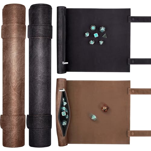 SIQUK 2-Piece Magnetic Dice Mat Tray - Camel & Black PU Leather Rolling Mat for D&D RPG