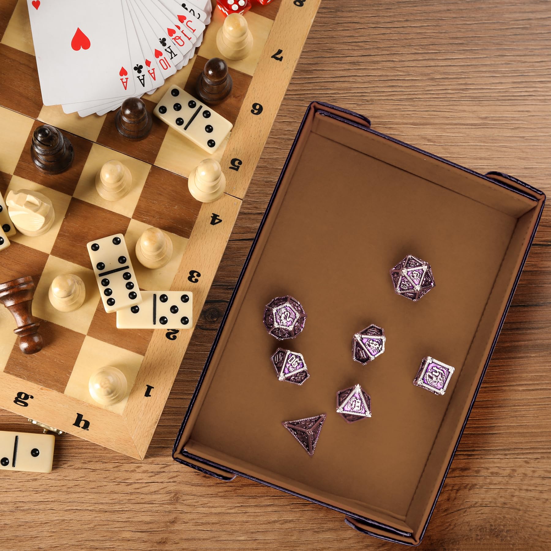 SIQUK 2-Piece Magnetic Folding Dice Tray Set – Green & Camel PU Leather Rectangle Dice Rolling Tray for D&D RPG