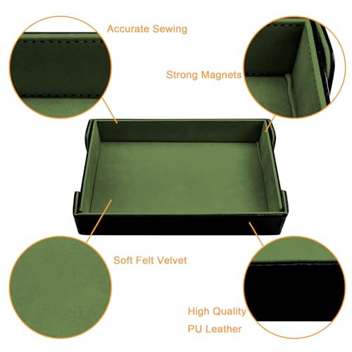 SIQUK 2-Piece Magnetic Folding Dice Tray Set – Green & Camel PU Leather Rectangle Dice Rolling Tray for D&D RPG