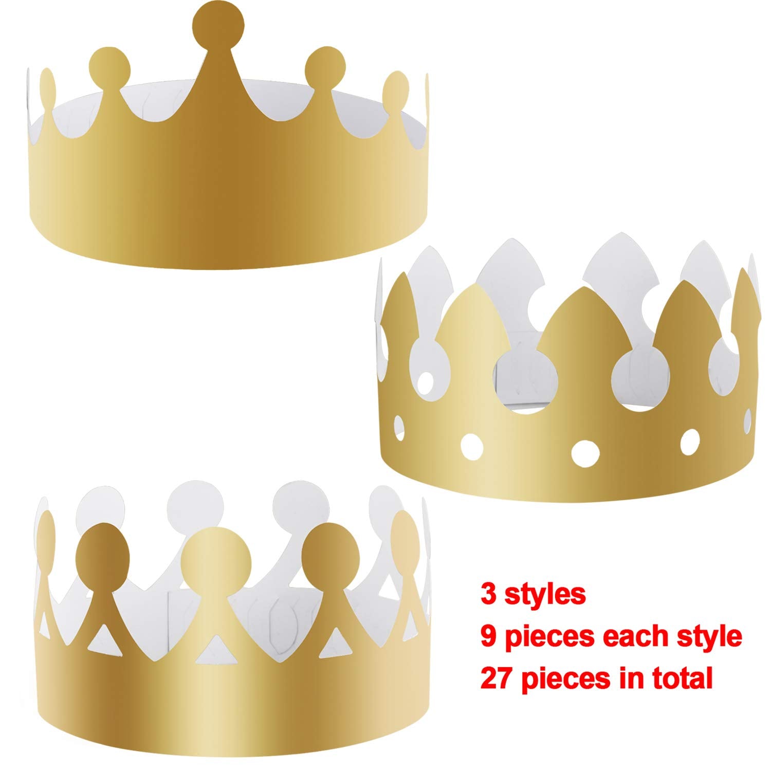 SIQUK 27 Pack Gold Paper Crowns - 3 Styles, Foil Party Hats for Kids & Adults