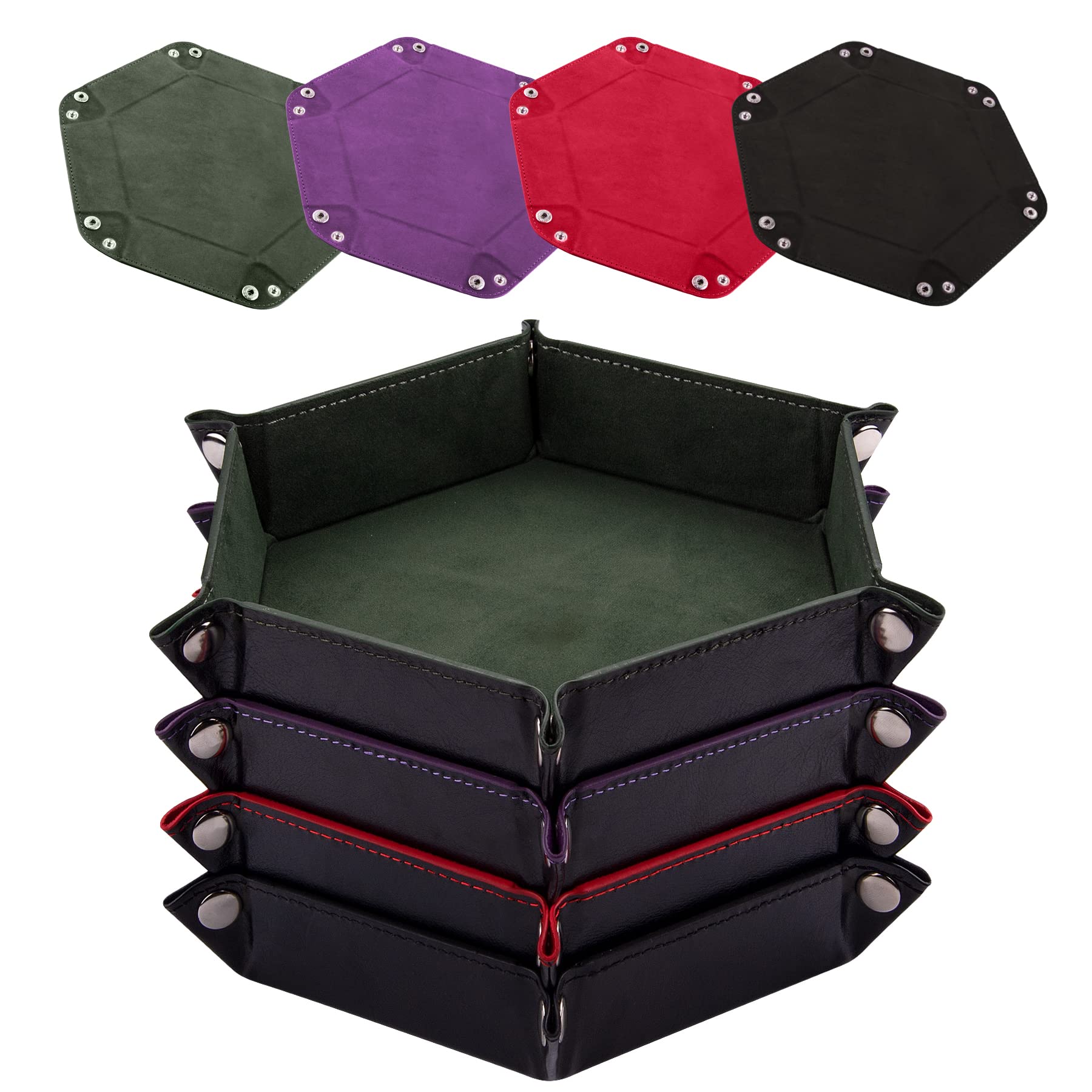 SIQUK 4-Pack Hexagon Dice Trays in Dark Green, Violet, Red, Black – Foldable PU Leather Dice Roller for DND & RPG Games
