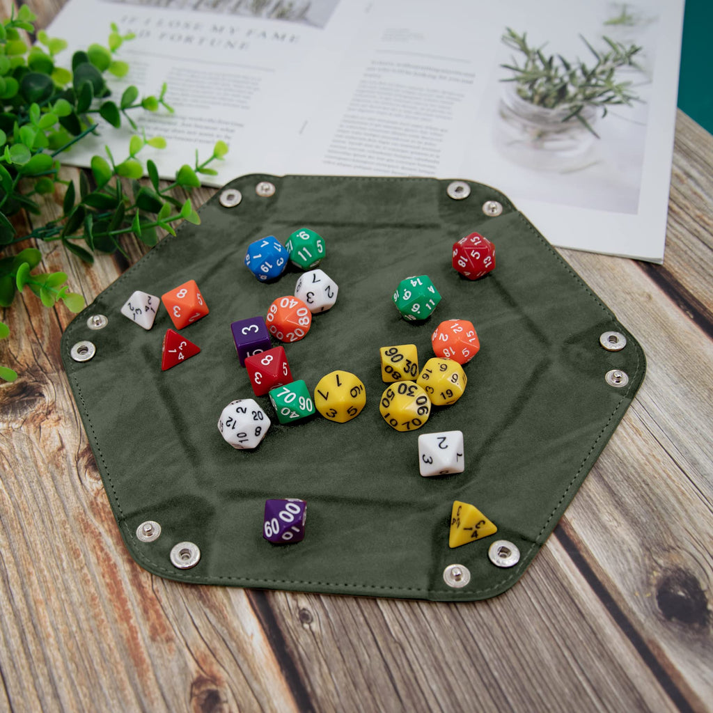 SIQUK 4-Pack Hexagon Dice Trays in Dark Green, Violet, Red, Black – Foldable PU Leather Dice Roller for DND & RPG Games