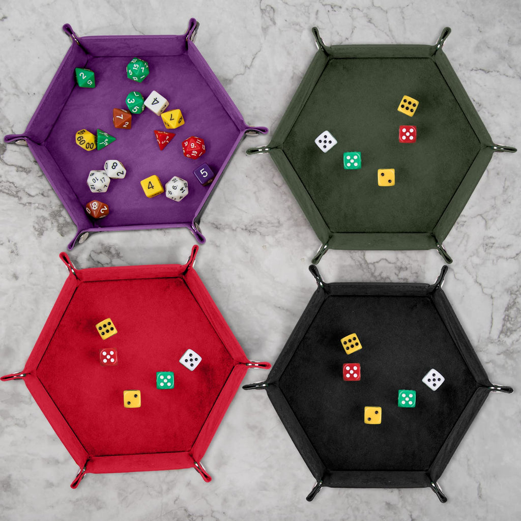 SIQUK 4-Pack Hexagon Dice Trays in Dark Green, Violet, Red, Black – Foldable PU Leather Dice Roller for DND & RPG Games