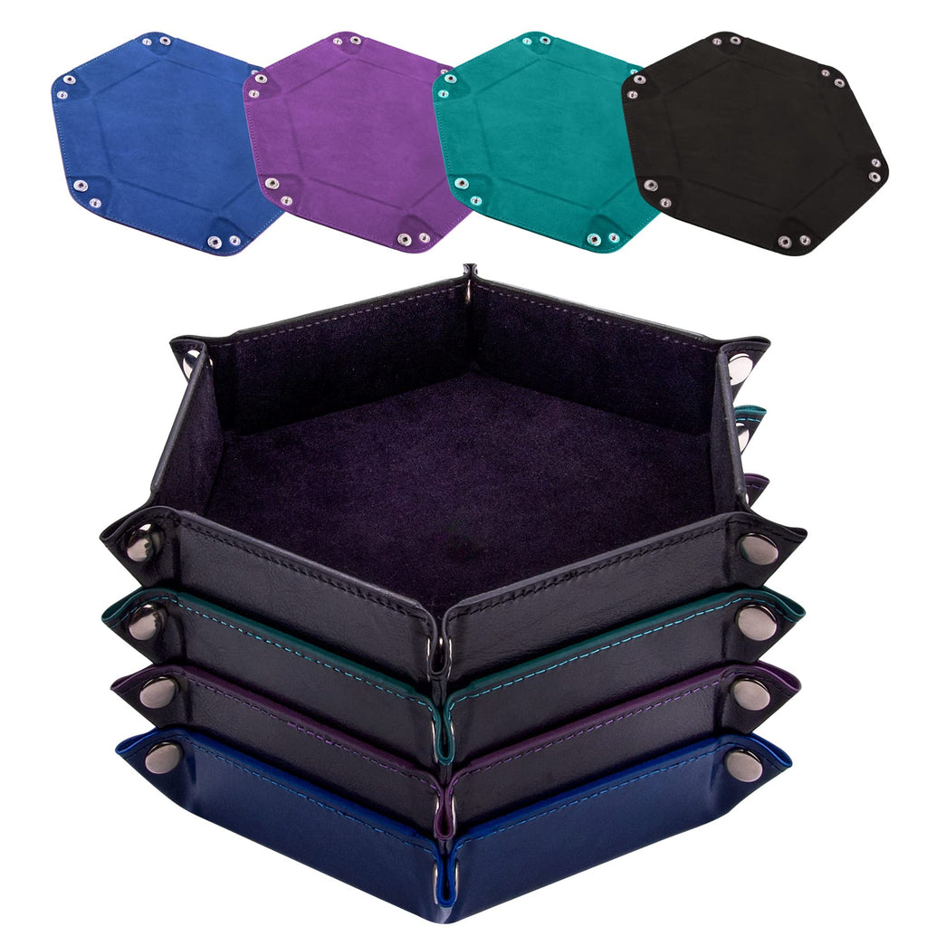 SIQUK 4-Pack Hexagon Dice Trays – PU Leather & Velvet, Collapsible, Portable for DND/RPG (Black, Cyan, Violet, Royal Blue)