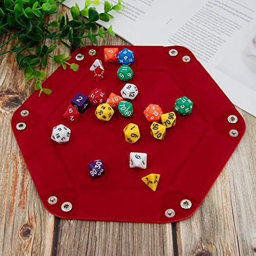 SIQUK 4-Pack Hexagonal Folding Dice Trays (Gray, Camel, Red, Black) – PU Leather & Velvet Lined for D&D RPG
