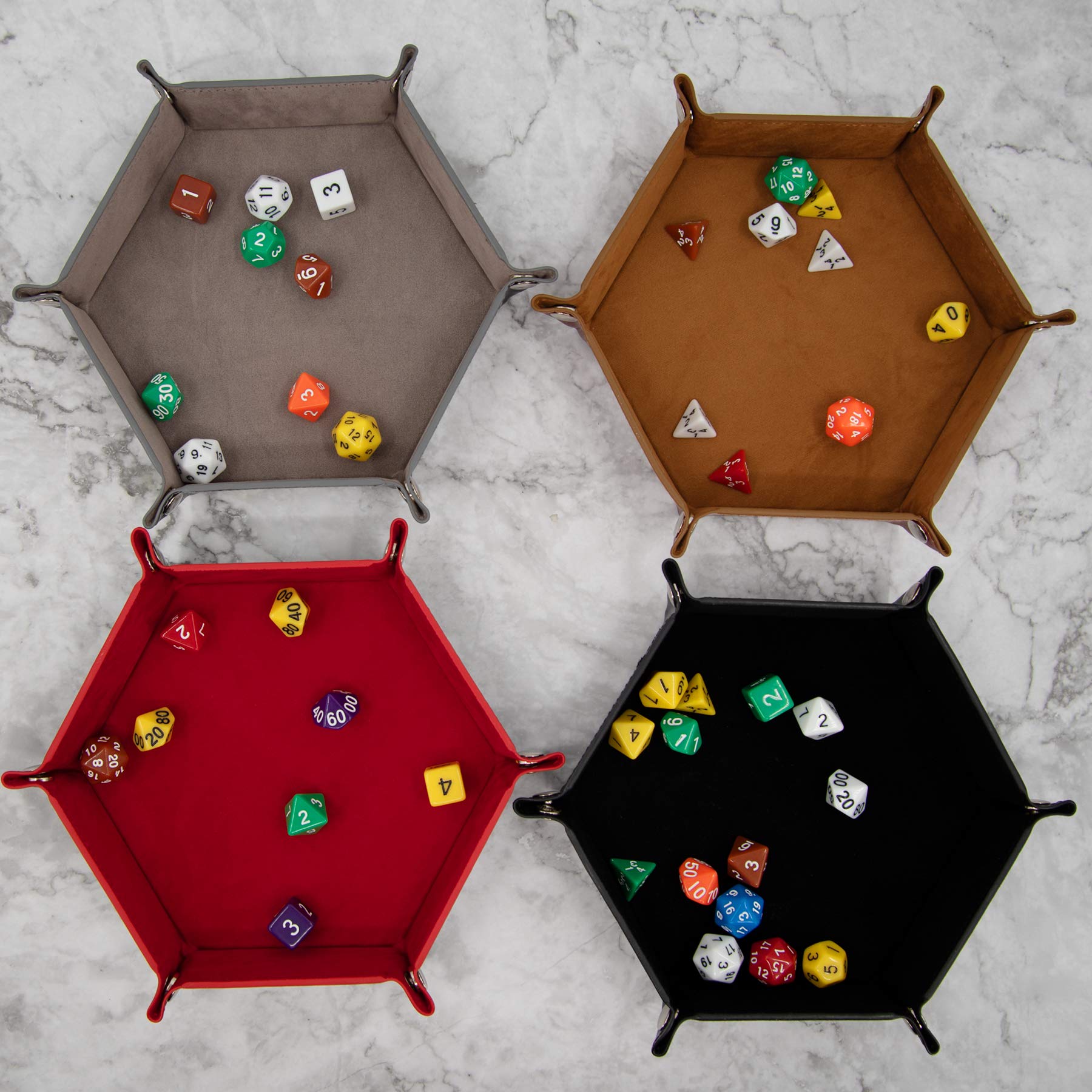 SIQUK 4-Pack Hexagonal Folding Dice Trays (Gray, Camel, Red, Black) – PU Leather & Velvet Lined for D&D RPG