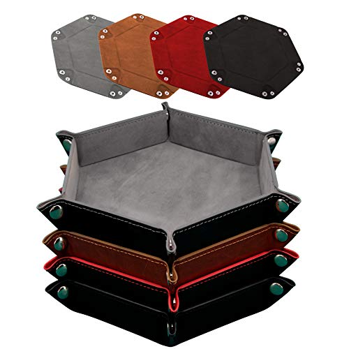 SIQUK 4-Pack Hexagonal Folding Dice Trays (Gray, Camel, Red, Black) – PU Leather & Velvet Lined for D&D RPG