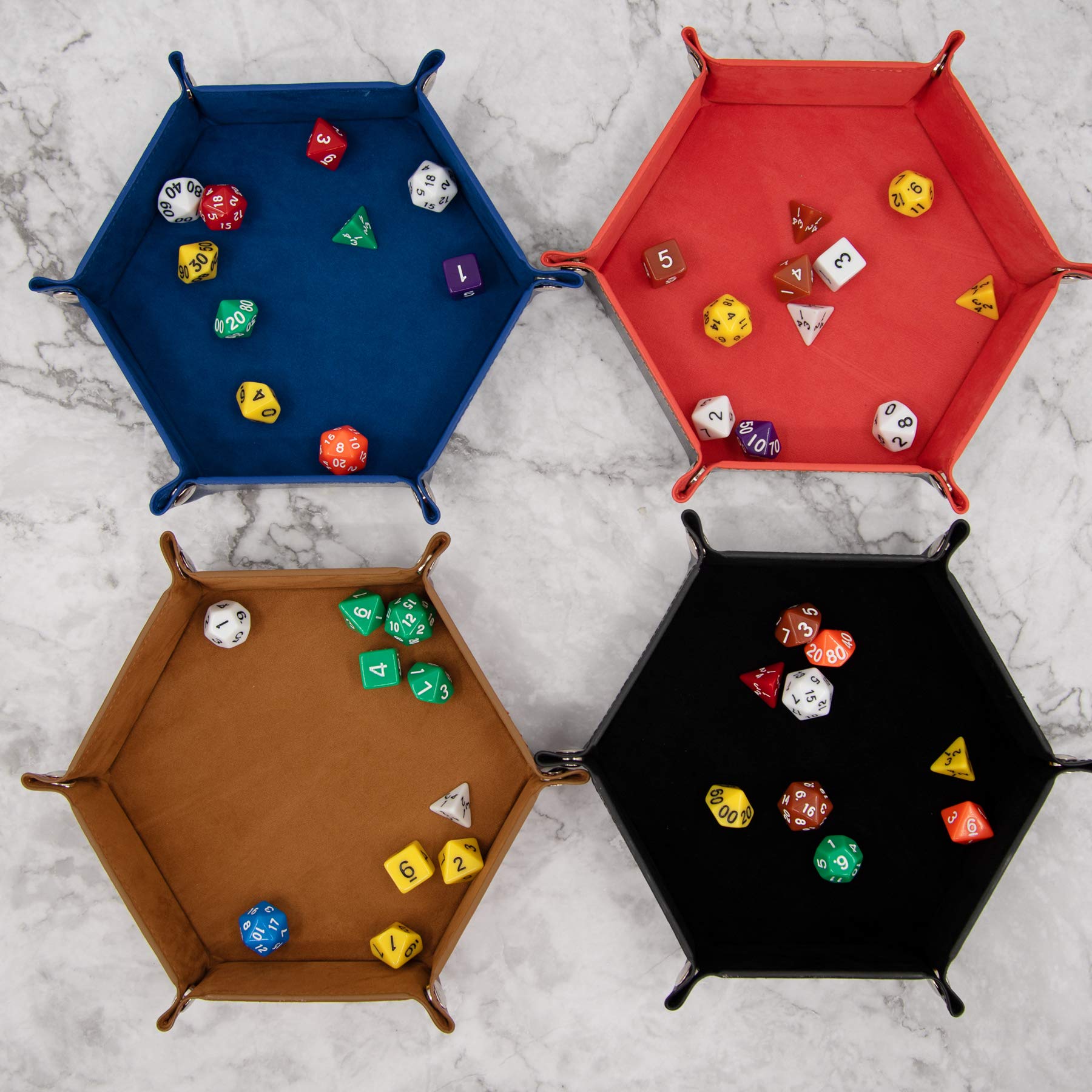 SIQUK 4-Pack Hexagonal PU Leather Dice Trays for D&D RPG – Royal Blue, Orange, Camel, Black