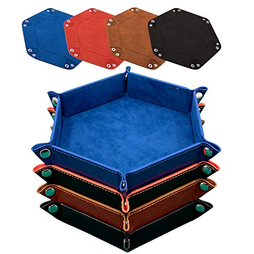 SIQUK 4-Pack Hexagonal PU Leather Dice Trays for D&D RPG – Royal Blue, Orange, Camel, Black