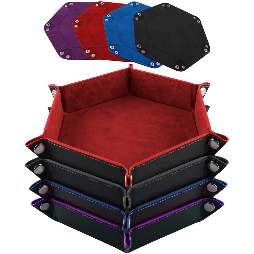SIQUK 4-Piece Foldable Hexagon Dice Tray Set – Red, Black, Blue, Violet