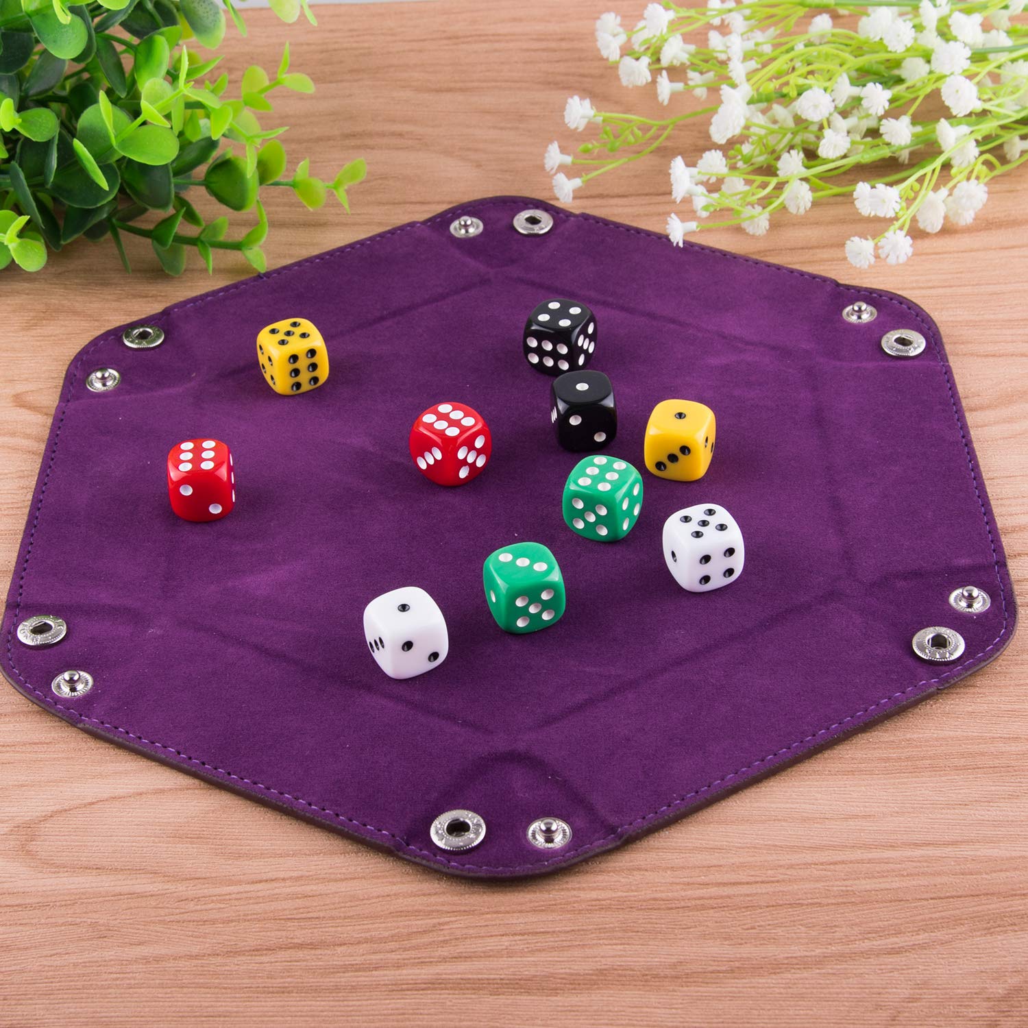SIQUK 4-Piece Foldable Hexagon Dice Tray Set – Red, Black, Blue, Violet