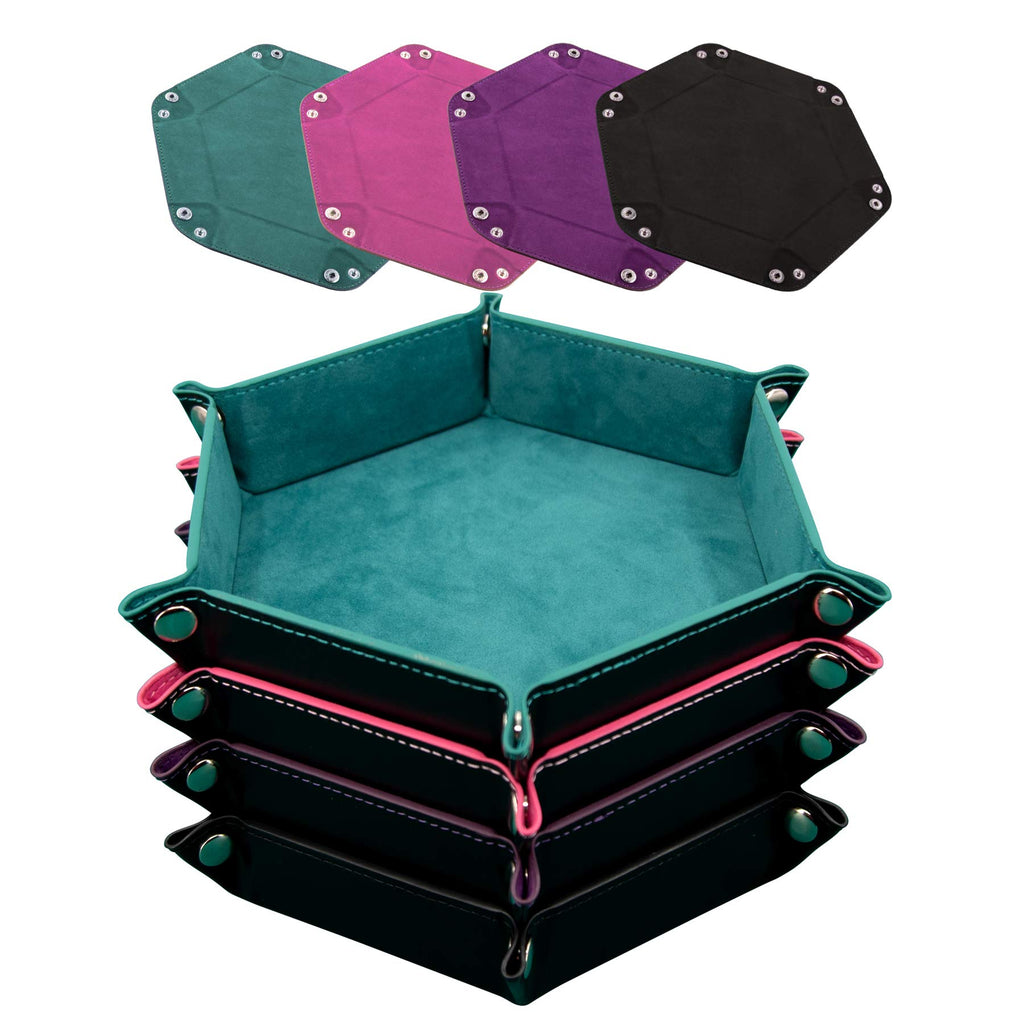SIQUK 4-Piece Hexagonal Folding Dice Tray Set – PU Leather with Velvet Lining, Cyan Pink Violet Black