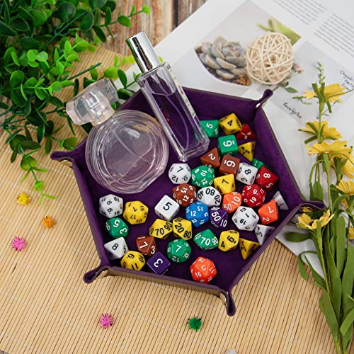 SIQUK 4-Piece Hexagonal Folding Dice Tray Set – PU Leather with Velvet Lining, Cyan Pink Violet Black