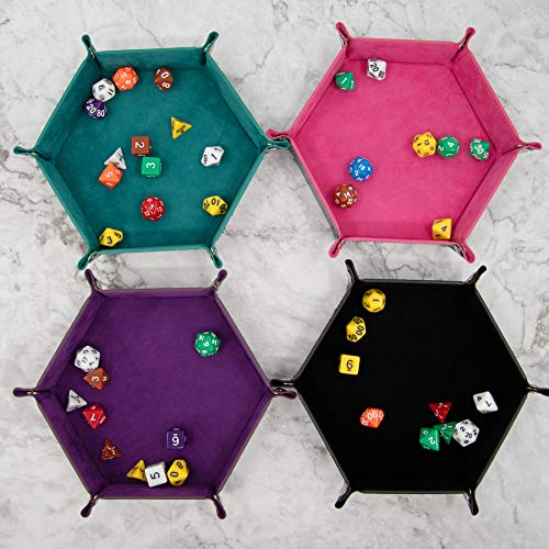SIQUK 4-Piece Hexagonal Folding Dice Tray Set – PU Leather with Velvet Lining, Cyan Pink Violet Black