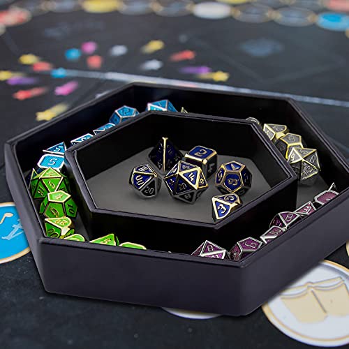 SIQUK Hexagon Dice Tray with Lid - Gray Velvet & PU Leather for DND RPG Tabletop Games