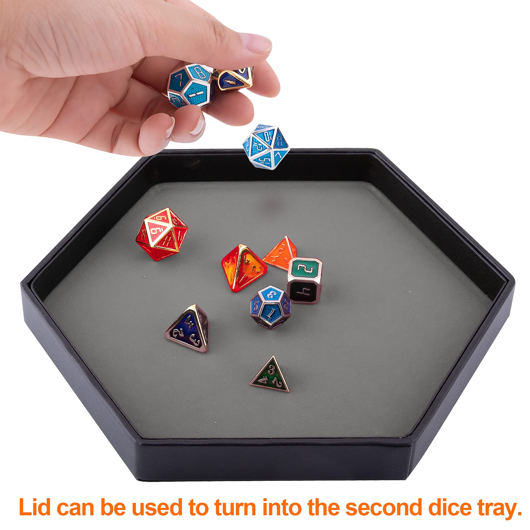 SIQUK Hexagon Dice Tray with Lid - Gray Velvet & PU Leather for DND RPG Tabletop Games