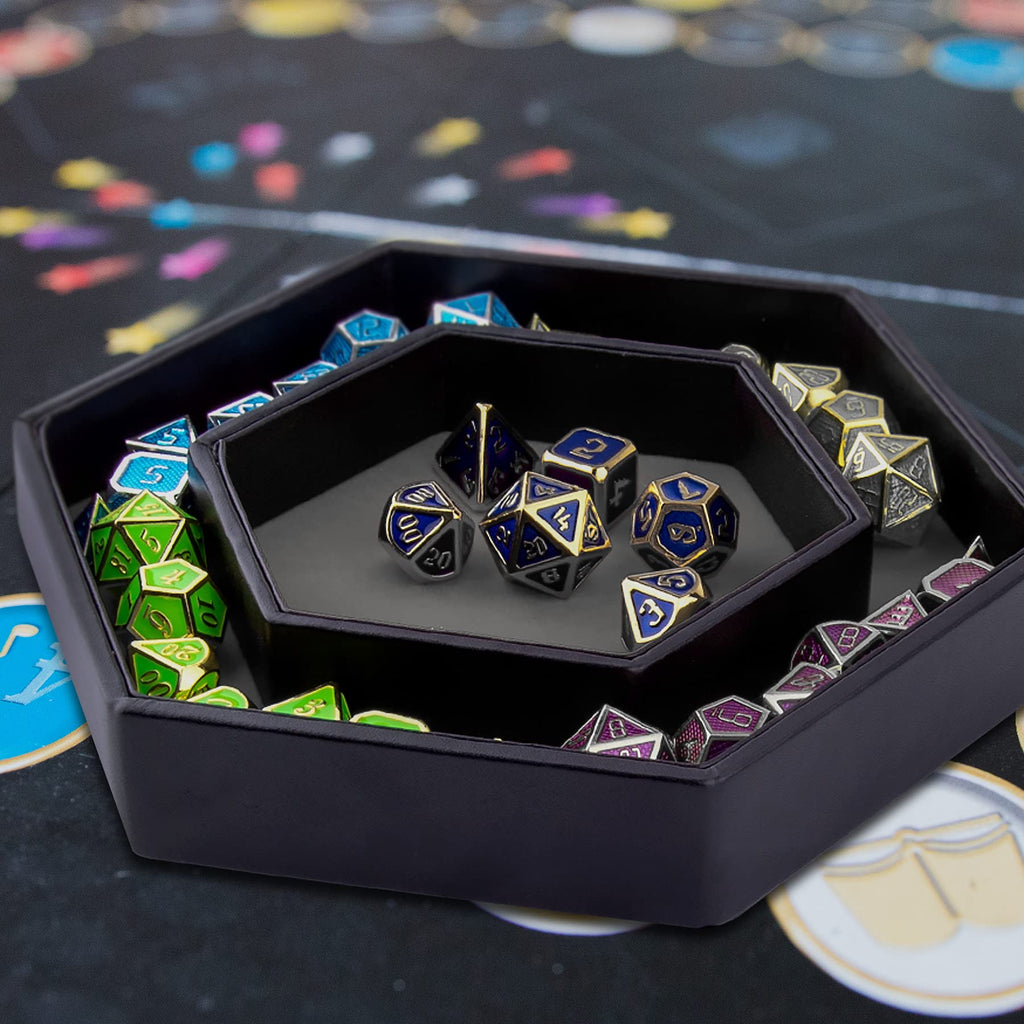 SIQUK Hexagon Dice Tray with Lid - Gray Velvet & PU Leather for DND RPG Tabletop Games