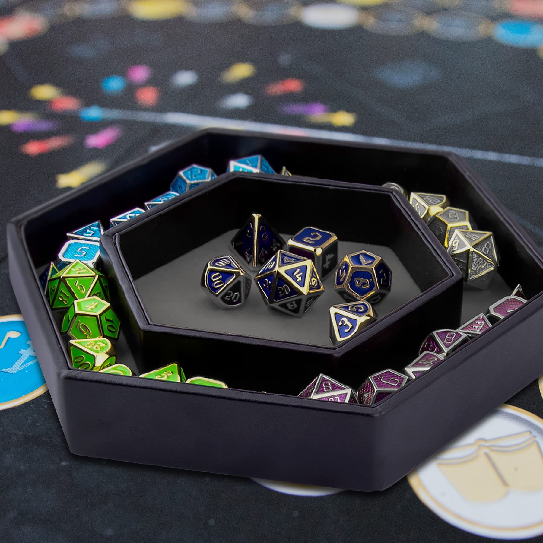 SIQUK Hexagon Dice Tray with Lid - Gray Velvet & PU Leather for DND RPG Tabletop Games