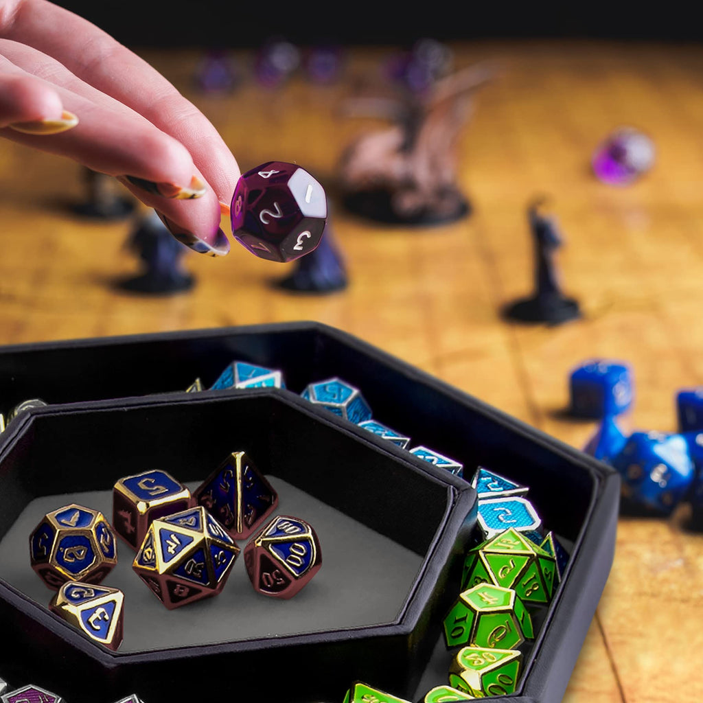SIQUK Hexagon Dice Tray with Lid - Gray Velvet & PU Leather for DND RPG Tabletop Games