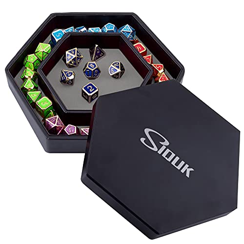 SIQUK Hexagon Dice Tray with Lid - Gray Velvet & PU Leather for DND RPG Tabletop Games