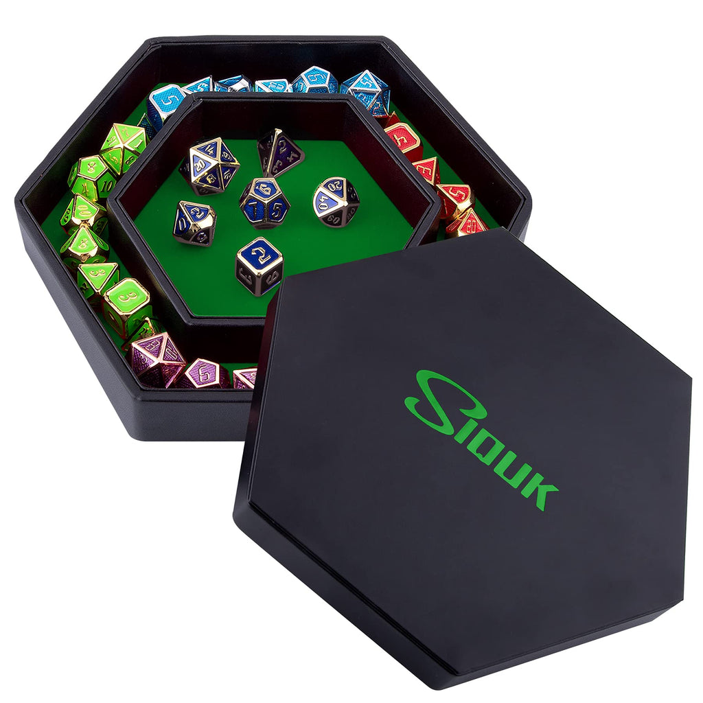 SIQUK Hexagon Dice Tray with Lid - Green Velvet and Black PU Leather for RPG, DND, Table Games